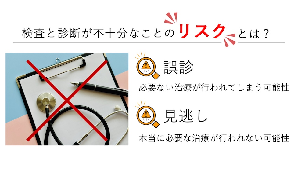 検査と診断が不十分なのことリスクとは？
誤診：必要ない治療が行われてしまう可能性
見逃し；本当に必要な治療が行われない可能性