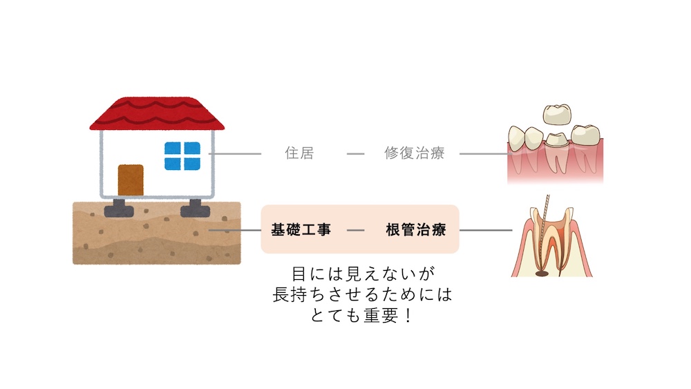 住宅における地盤の基礎工事にたとえられることが多い根管治療
